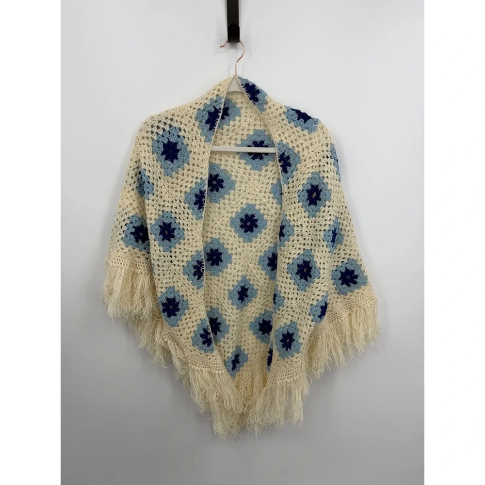 Unbranded Granny Square Crochet Shawl Womens OS Blue Cream‎ Floral Fringe Boho